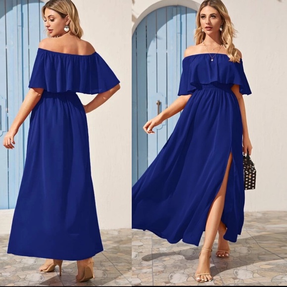 Off the shoulder ruffle maxi dress thigh slit - Picture 2 of 5